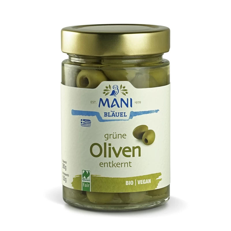 MANI Grüne Oliven in Lake, entkernt, bio, NL Fair, 280g Glas (150g)