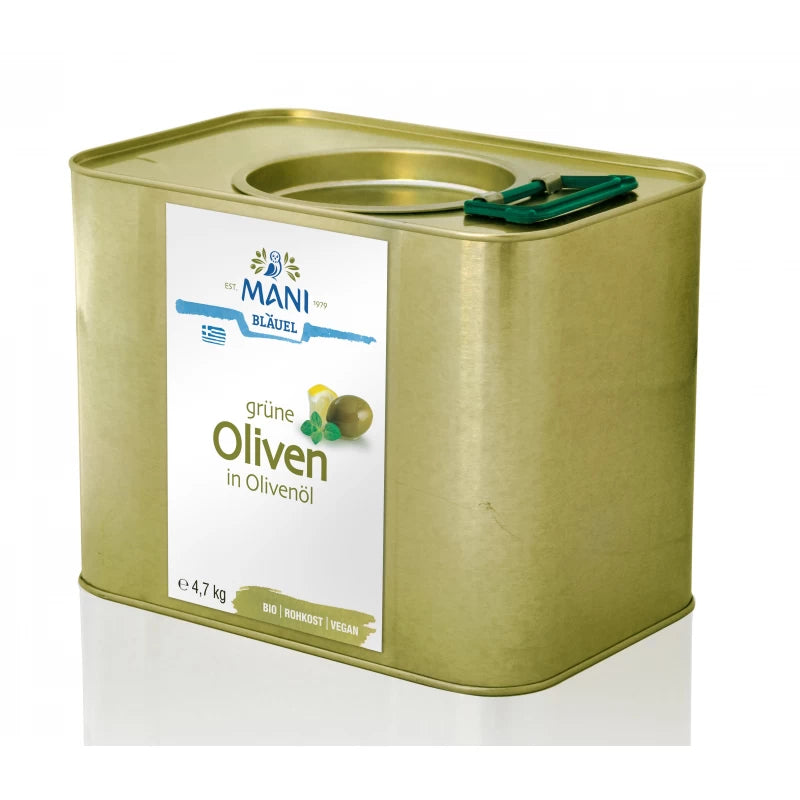 MANI Grüne Oliven in Olivenöl, bio, 4,7 kg Kanister