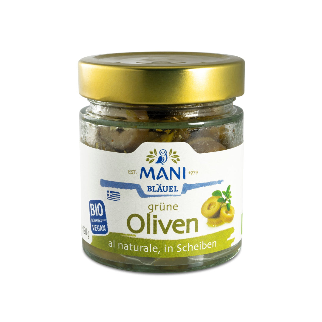 Grüne Oliven al naturale, in Scheiben, bio, NL Fair, 120g Glas