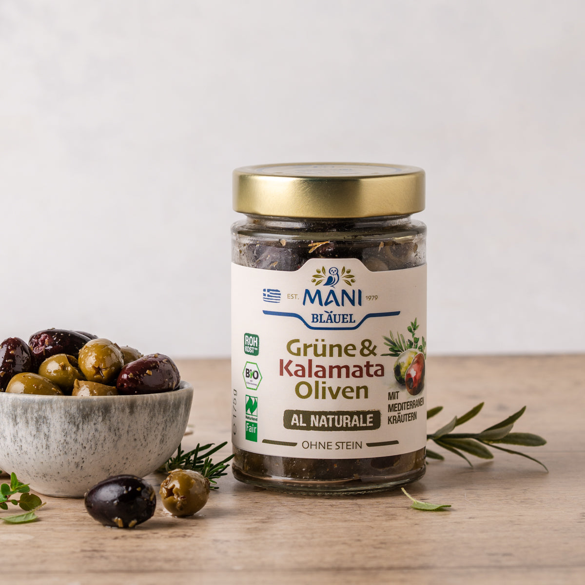 MANI Organic Kalamata & Green Olives al naturale with Mediterranean Herbs, Pitted, Naturland Fair