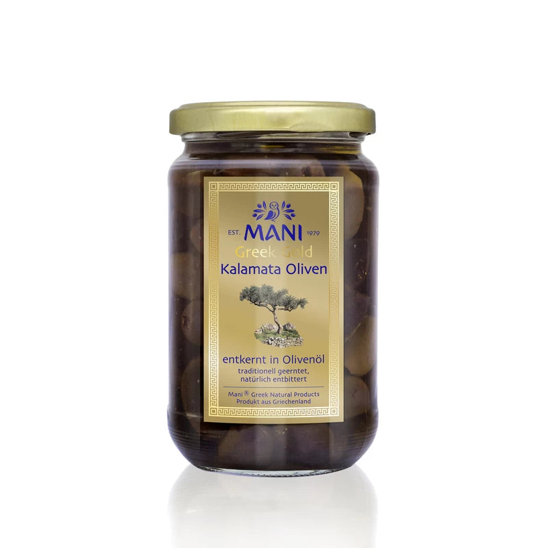 MANI Greek Gold Kalamata Oliven in Olivenöl, entkernt, 315g Glas