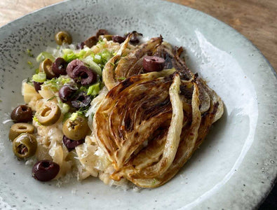 Fenchelrisotto mit karamellisierten Fenchelscheiben und Oliven
