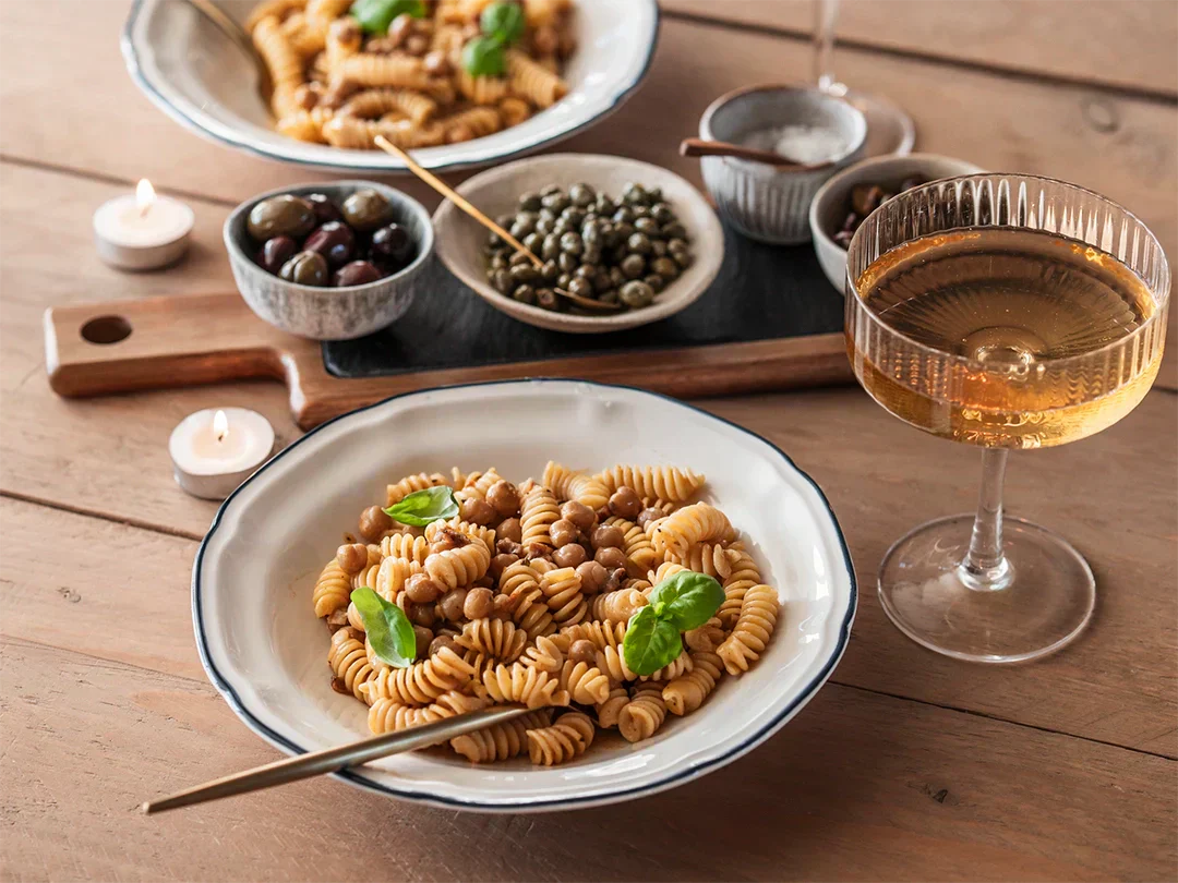 Kichererbsen Pasta auf gedecktem Tisch mit Getränk und Mezes 