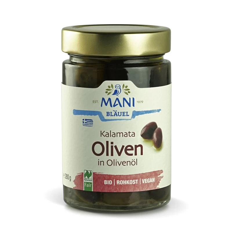 MANI Kalamata Oliven in Olivenöl, bio, NL Fair, 280g Glas