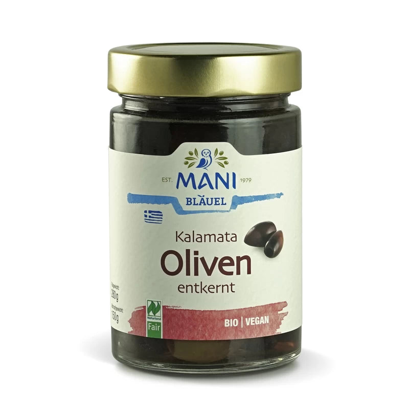 MANI Kalamata Oliven in Lake, entkernt, bio, NL Fair, 280g Glas (150g)