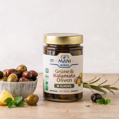 MANI Organic Kalamata & Green Olives in Olive Oil, Naturland Fair