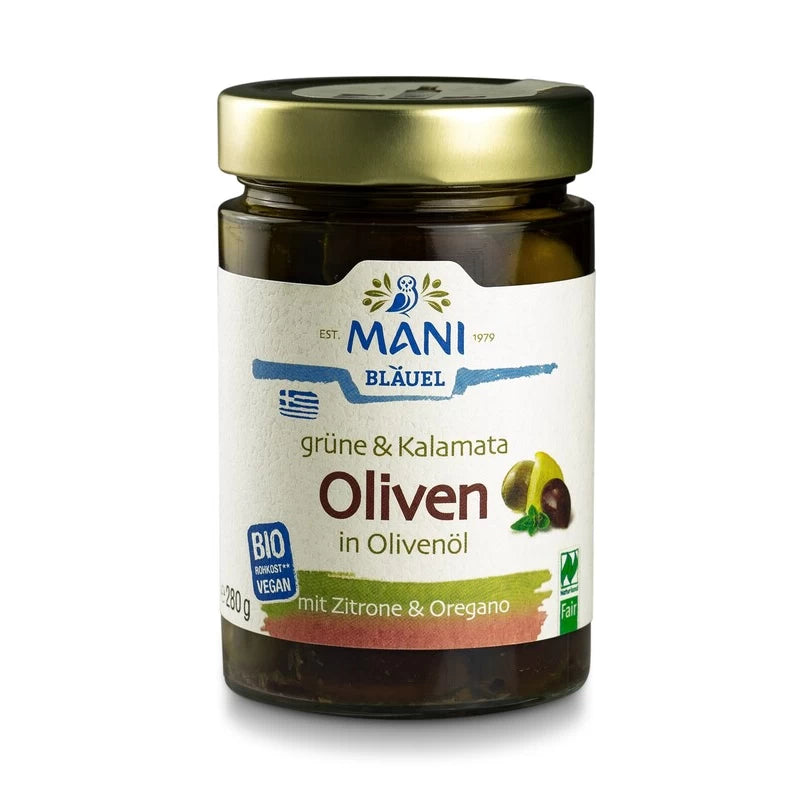 MANI Grüne & Kalamata Oliven in Olivenöl, bio, NL Fair, 280g Glas