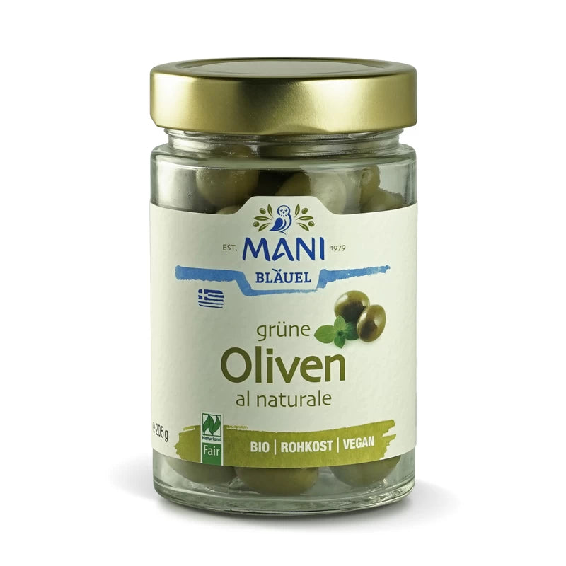 MANI Grüne Oliven al naturale, bio, NL Fair, 205g Glas