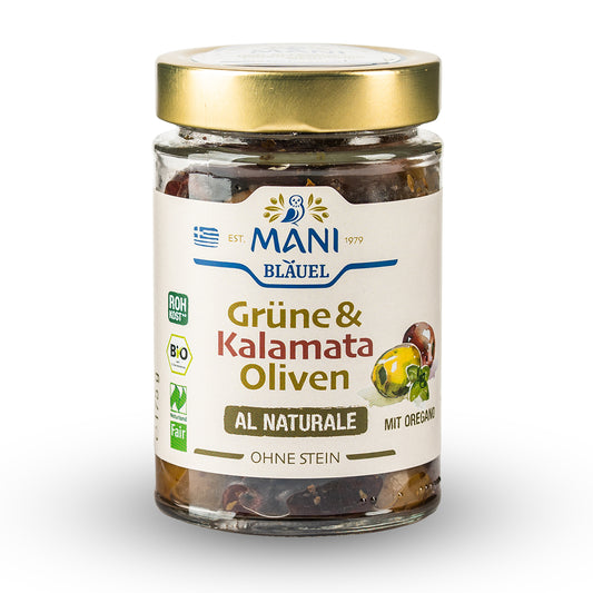 MANI Grüne & Kalamata Oliven al naturale, entkernt, bio, Naturland Fair