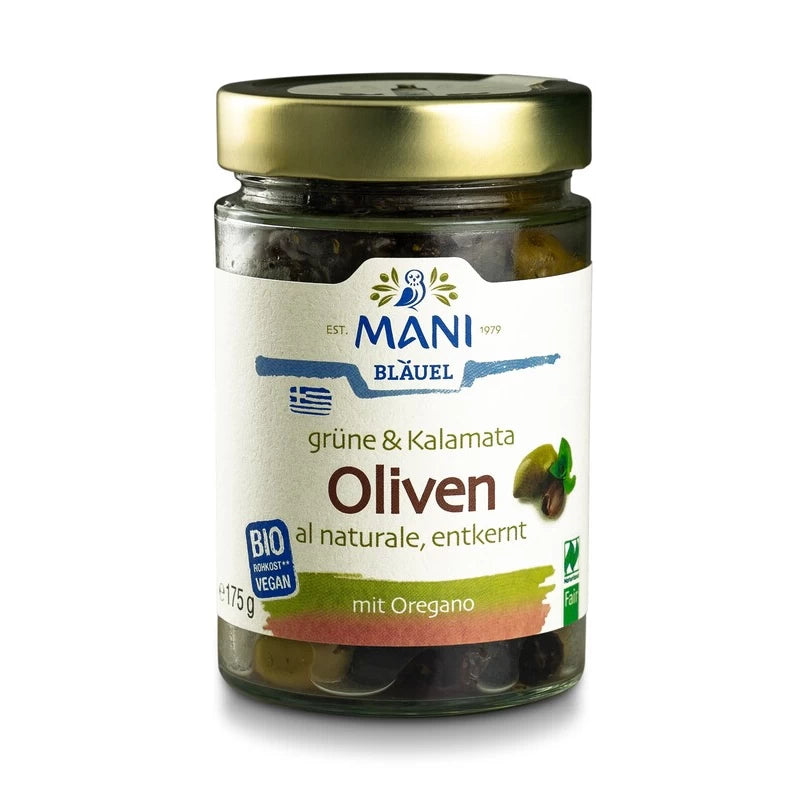 MANI Grüne & Kalamata Oliven al naturale, entkernt, bio, NL Fair, 175g Glas