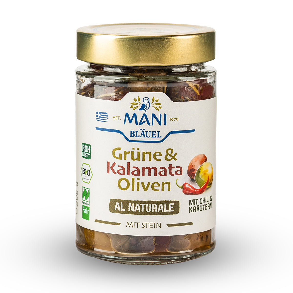MANI Organic Green & Kalamata Olives al naturale with chili & herbs, Naturland Fair