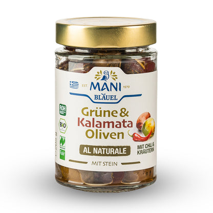 MANI Organic Green & Kalamata Olives al naturale with chili & herbs, Naturland Fair