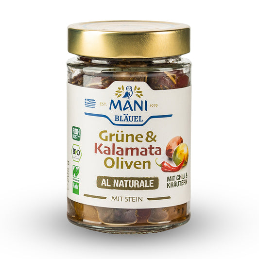 MANI Grüne & Kalamata Oliven al naturale mit Chili & Kräutern, bio, Naturland Fair