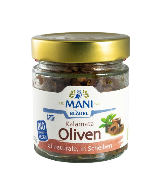 MANI Kalamata Oliven in Scheiben und al naturale.