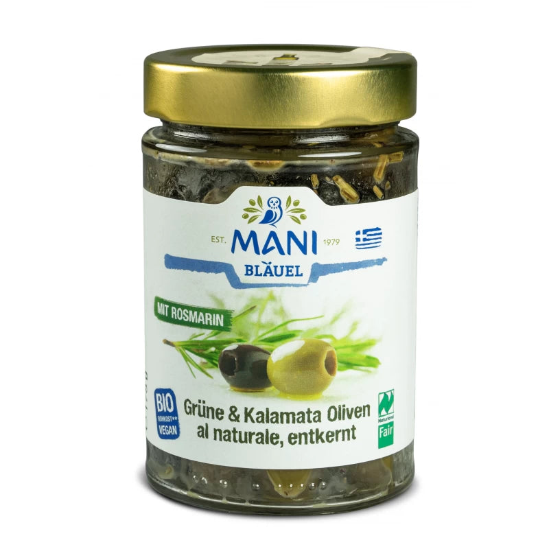 MANI grüne und Kalamata Oliven mit Rosmarin, entkernt und al naturale