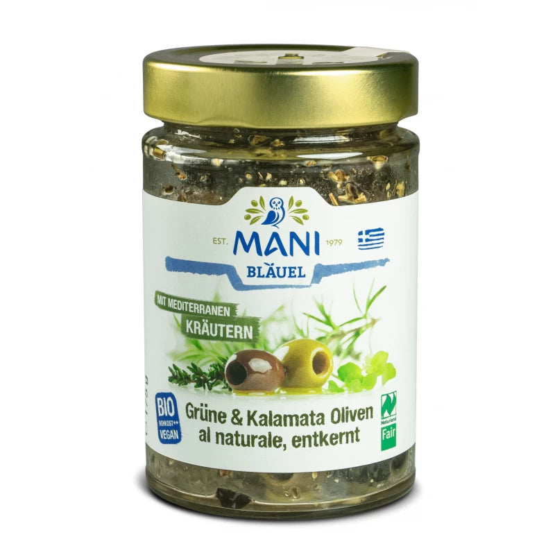MANI grüne und Kalamata Oliven mit mediterranen Kräutern gewürzt, entkernt und al naturale.