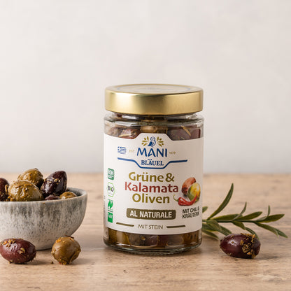MANI Organic Green & Kalamata Olives al naturale with chili & herbs, Naturland Fair