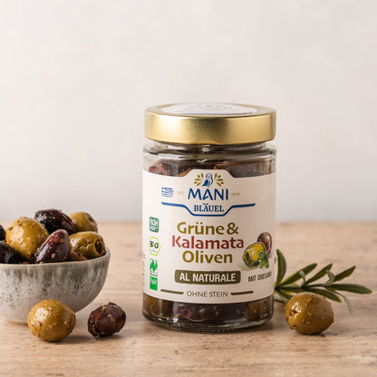 MANI Organic Kalamata & Green Olives al naturale, Pitted, Naturland Fair