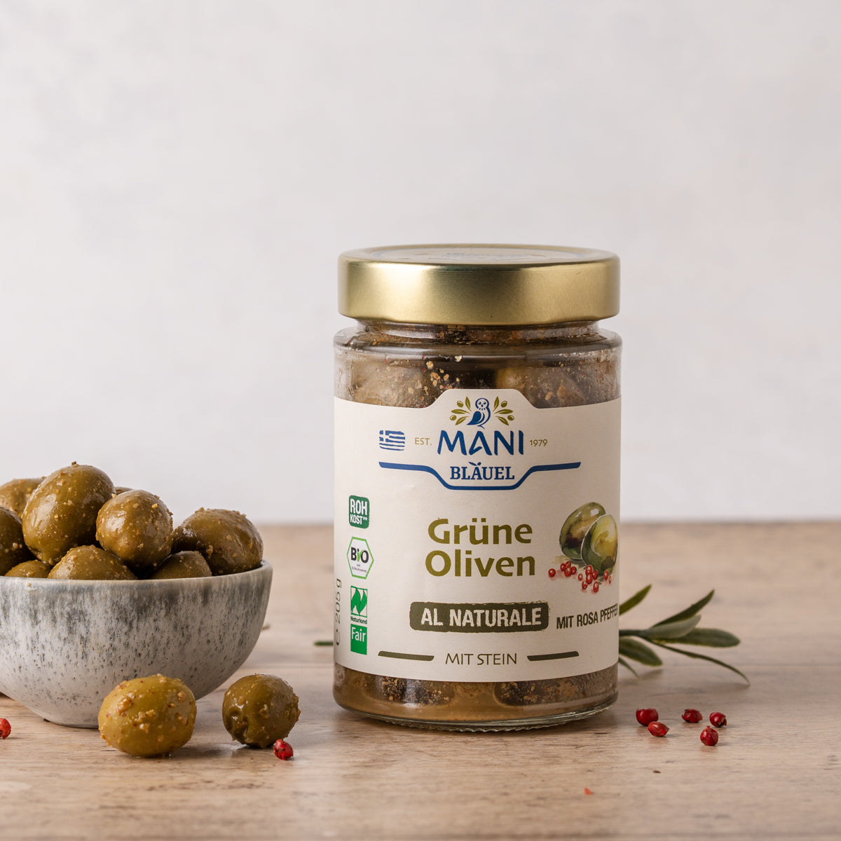 MANI Organic Green olives al naturale with coriander seeds & pink pepper, Naturland Fair