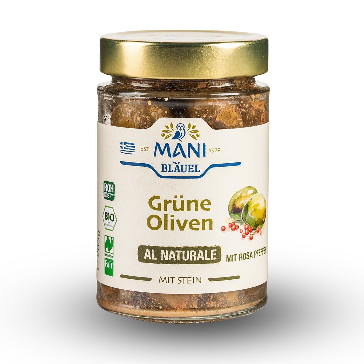 MANI Organic Green olives al naturale with coriander seeds & pink pepper, Naturland Fair