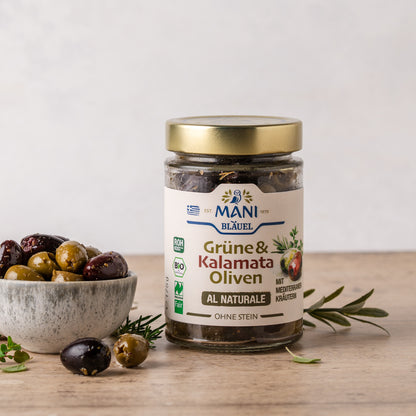 MANI Organic Kalamata & Green Olives al naturale with Mediterranean Herbs, Pitted, Naturland Fair