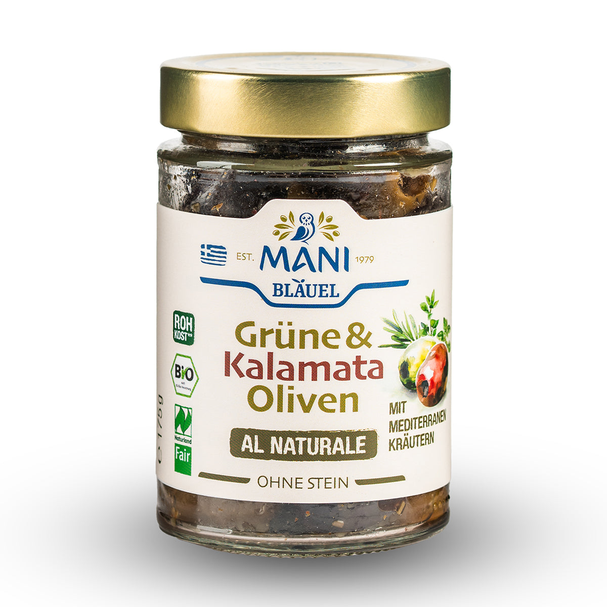 MANI Organic Kalamata & Green Olives al naturale with Mediterranean Herbs, Pitted, Naturland Fair