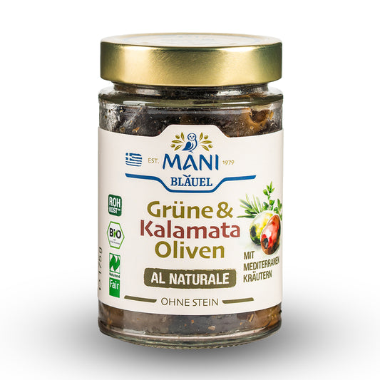 MANI Grüne & Kalamata Oliven al naturale mit mediterranen Kräutern, entkernt, bio, Naturland Fair