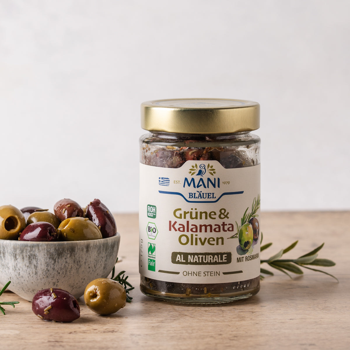 MANI Organic Kalamata & Green Olives al naturale with Rosmary, Pitted, Naturland Fair