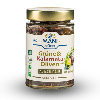 MANI Organic Kalamata & Green Olives al naturale with Rosmary, Pitted, Naturland Fair