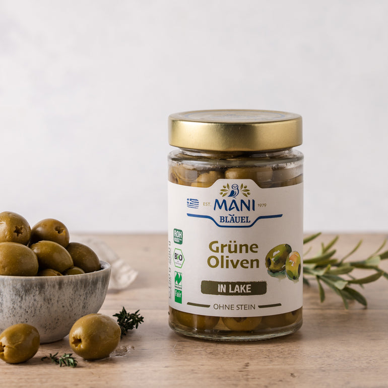 MANI Organic Green Olives in Brine, Pitted, Naturland Fair