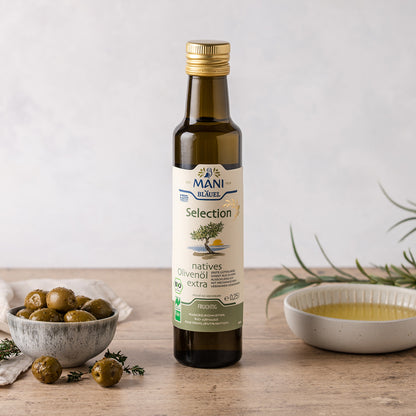 MANI Bläuel natives Olivenöl extra, Selection 0.25l mit Schälchen Oliven und Olivenöl